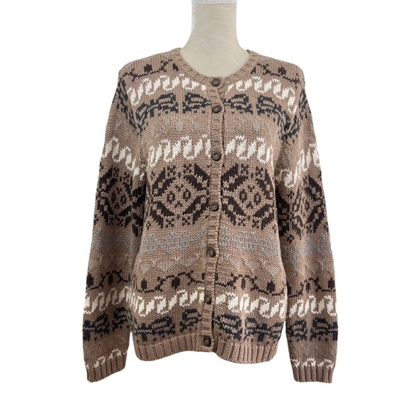 𝅺Talbots Nordic Fair Isle Chunky Knit Cotton Grandma Grandpa Kawaii Cardigan LP - Picture 1 of 9